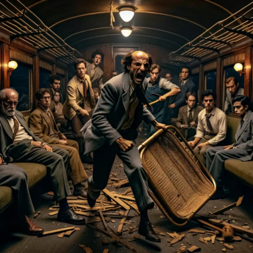 DALL·E 2024-03-25 14.12.53 - In a dimly lit, old-fashioned train compartment, a diverse group of passengers is visibly agitated, engaged in animated discussions. The focus is on a