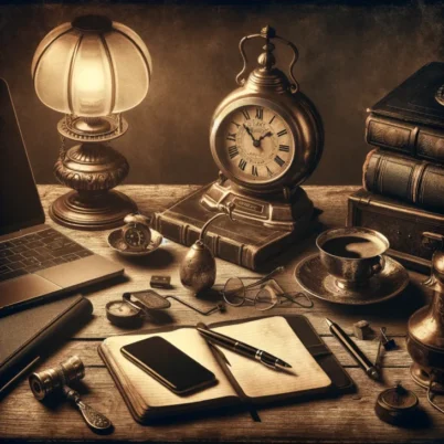 DALL·E 2024-03-25 13.01.23 - In this sepia-toned vintage composition, we see a collection of objects arranged on an aged wooden surface, each symbolizing aspects of modern life bl