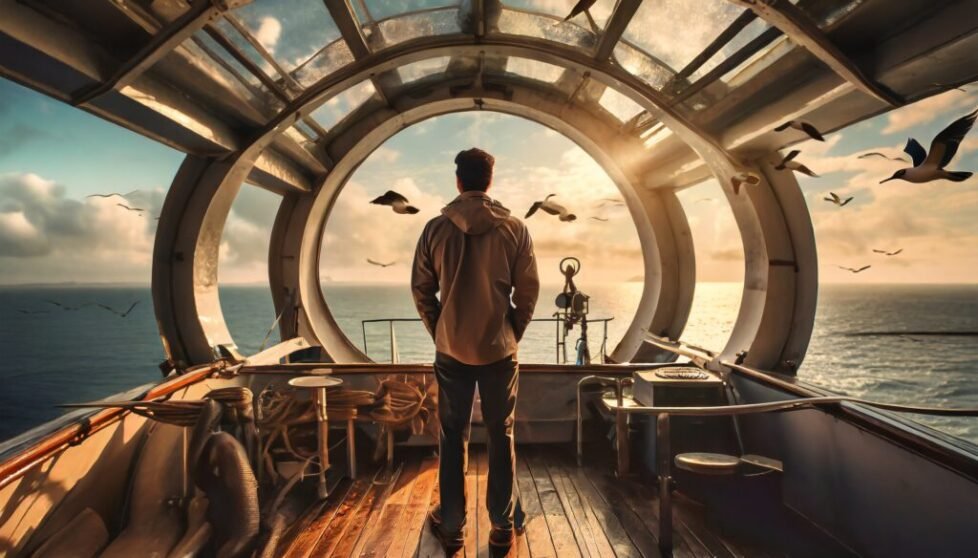 Firefly pessoa refletindo sobre a vida em um navio com compasso com horizonte lindo e pássaros no cé