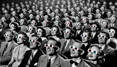 DALL·E 2024-03-24 02.24.25 - Recreate the iconic image in a 16_9 format, capturing a group of people from various walks of life wearing 3D glasses. They are seated in rows, lookin