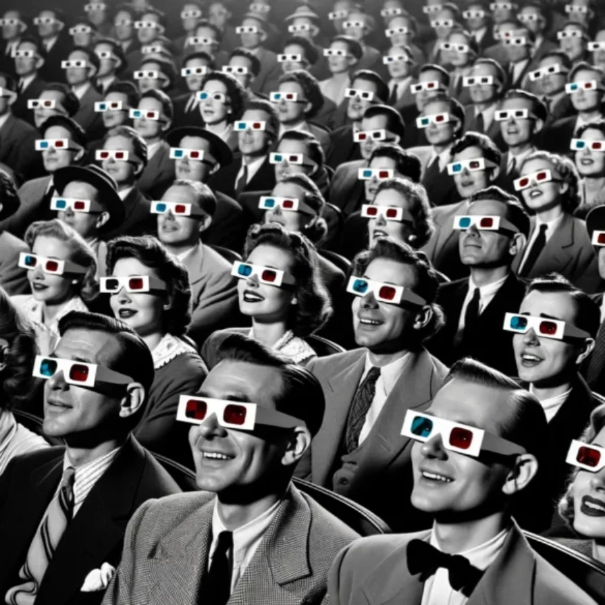 DALL·E 2024-03-24 02.24.25 - Recreate the iconic image in a 16_9 format, capturing a group of people from various walks of life wearing 3D glasses. They are seated in rows, lookin